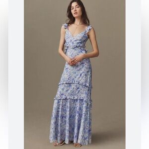 ASTR The Label Cassis Floral Ruffle Exposed Rib V Neck Maxi Dress- Size Small